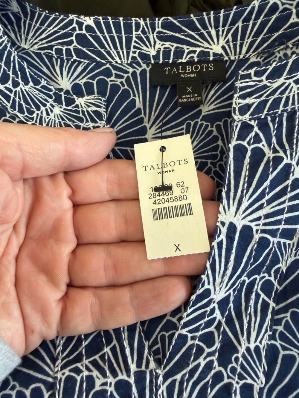 Talbots XL NWT Navy White Fan Print Shell Print Cotton Tunic Top 3/4 Sleeve - Picture 7 of 8